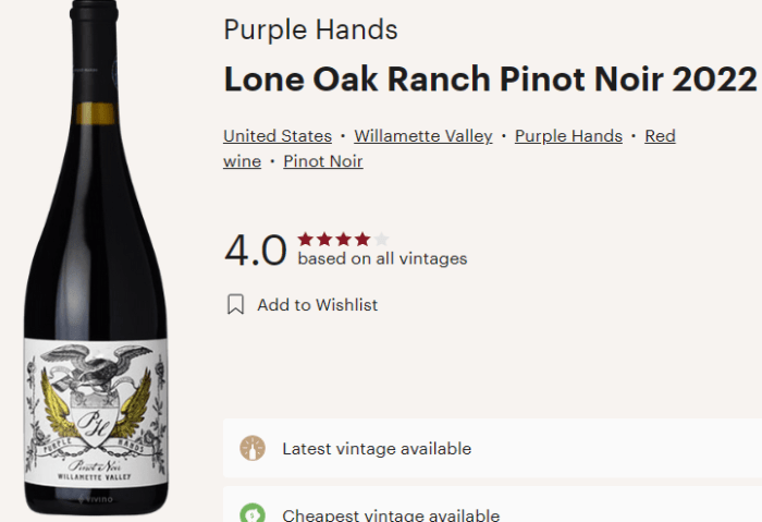 Purple hands pinot noir willamette valley lone oak ranch